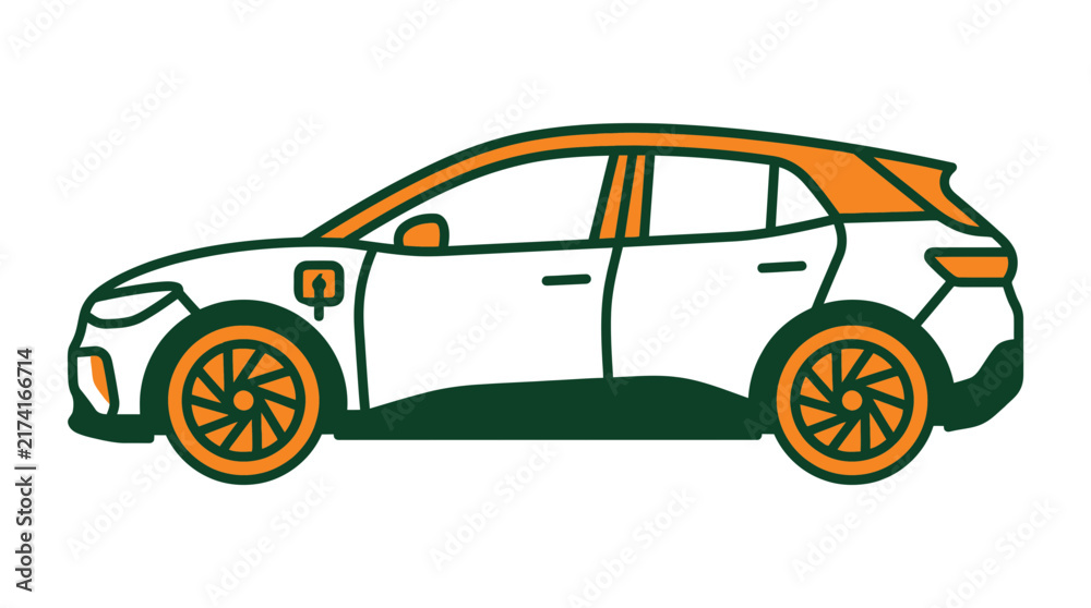 Naklejka premium Modern Electric Car Illustration, White with Orange and Green Accents, Isolated