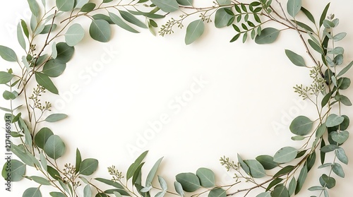 Elegant oval frame made of fresh green eucalyptus leaves and branches isolated on a clean white background for wedding invitations