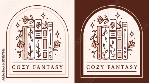 Cozy fantasy books fall winter season book club logo with library nook illustration for label sticker tag design. Magical light academia bookshelf whimsical cottagecore aesthetic drawing poster print.