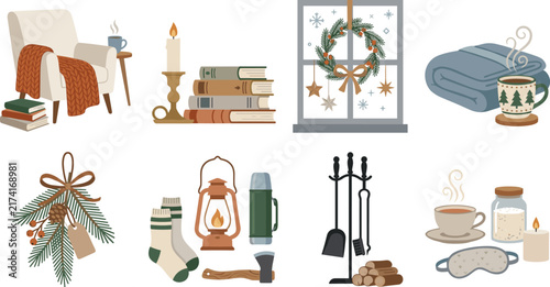 Cozy Winter Home Decoration Illustration Collection with Fireplace Tea and Holiday Elements