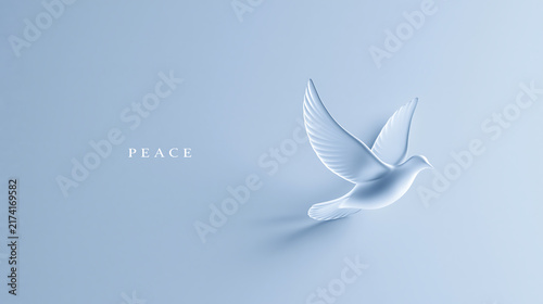 Minimalist white dove flying on soft blue background. Peace concept banner