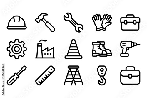 Set of black and white construction icons featuring various essential labor elements for building and industrial maintenance projects