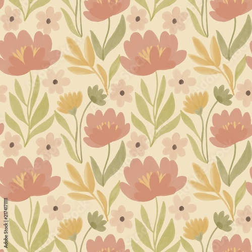 Soft seamless hand-painted floral pattern featuring simplified coral flowers, delicate peach blossoms, flowing olive-green leaves and muted ochre botanicals on a warm ivory background.