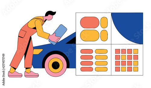 Vector illustration of a male worker cleaning a blue car with abstract geometric patterns