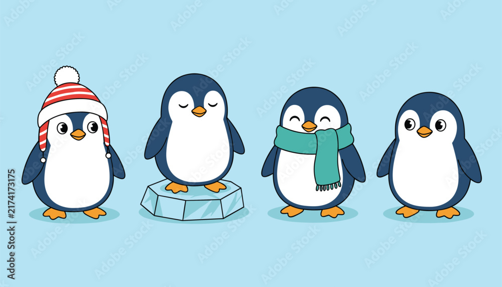 Fototapeta premium Four cute penguins in different seasonal outfits including a winter hat, an ice floe, a scarf, and a plain penguin in a light blue scene.
