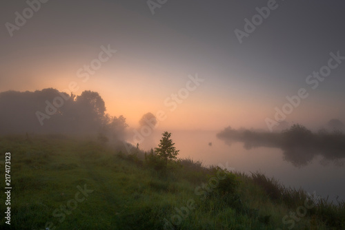 Foto Warm sunrise light on fog above a river with willows on the bank