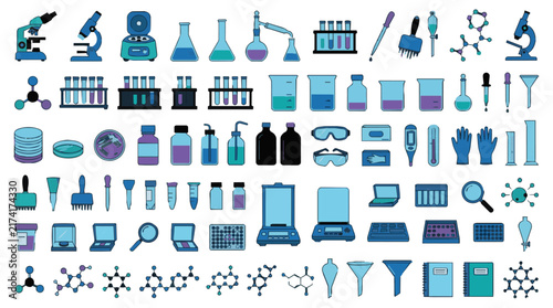 Laboratory equipment vector, science experiment icons, chemistry set for analysis, biology tools illustration, chemical glassware collection, research instruments, medical supply pictograms