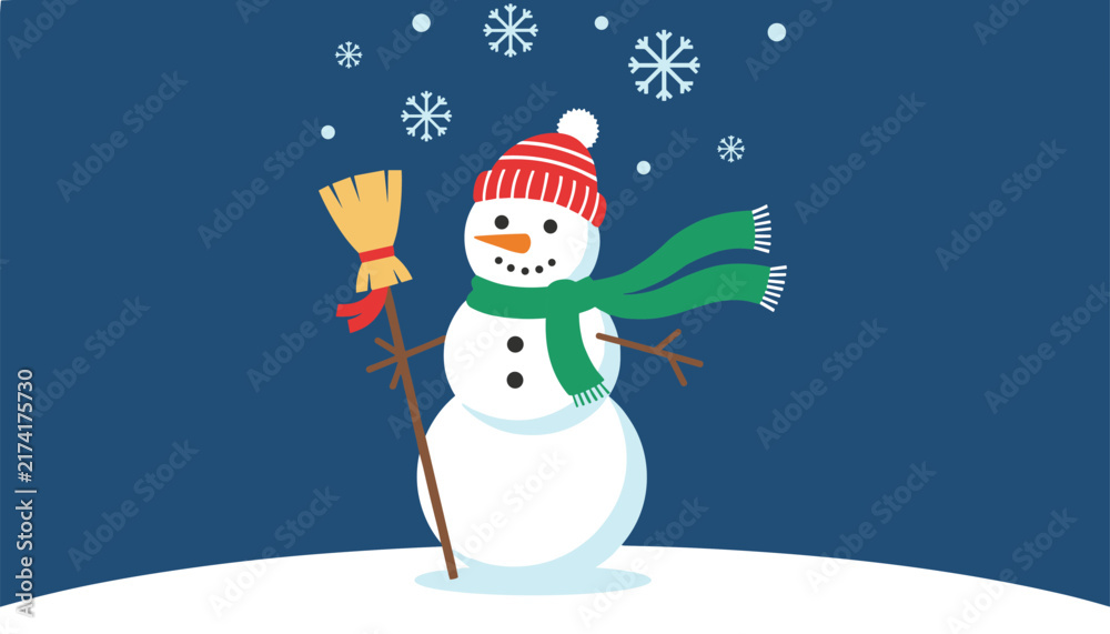 Naklejka premium Cheerful snowman wearing a red winter hat and a green scarf, holding a broomstick while it snows, festive winter scene.