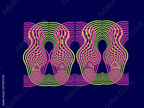 Abstract Organic Loop Line Pattern with Layered Neon Pink and Lime Green Curves on Dark Blue Background