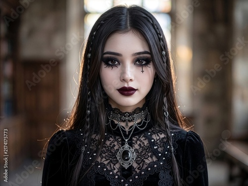 Close-up portrait of a dark-haired gothic woman with cross makeup and ornate lace choker.