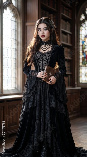 Full-length portrait of an elegant gothic woman in a black velvet Victorian gown holding an antique book inside a library