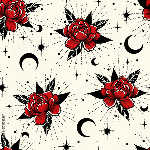 Mystic celestial red peony flowers seamless pattern. Esoteric tattoo style vector background with gothic roses, crescent moon and stars.