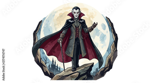 Bild auf Leinwand Illustration of a spooky vampire standing before a full moon
