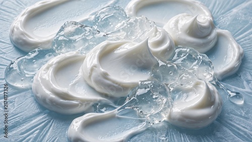 Swirls of creamy white cosmetic product intermingled with clear, textured gel