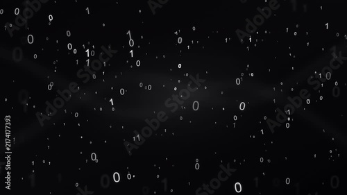Abstract 4K kinetic typography animation featuring glowing binary digits 0 and 1 traveling along varied curved paths across a dark background. Ideal for technology, coding, programming, data.