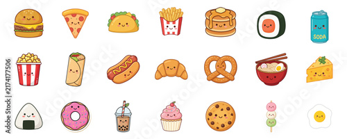 Kawaii food and drink vector sticker set with cute faces on a white background