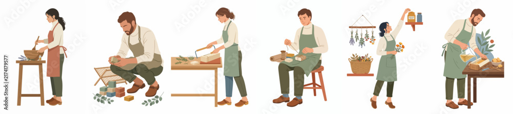 Fototapeta premium Collection of Flat Vector Illustrations Featuring Artisans and Crafters Engaged in Various Handmade DIY Activities Like Soap Making and Woodworking