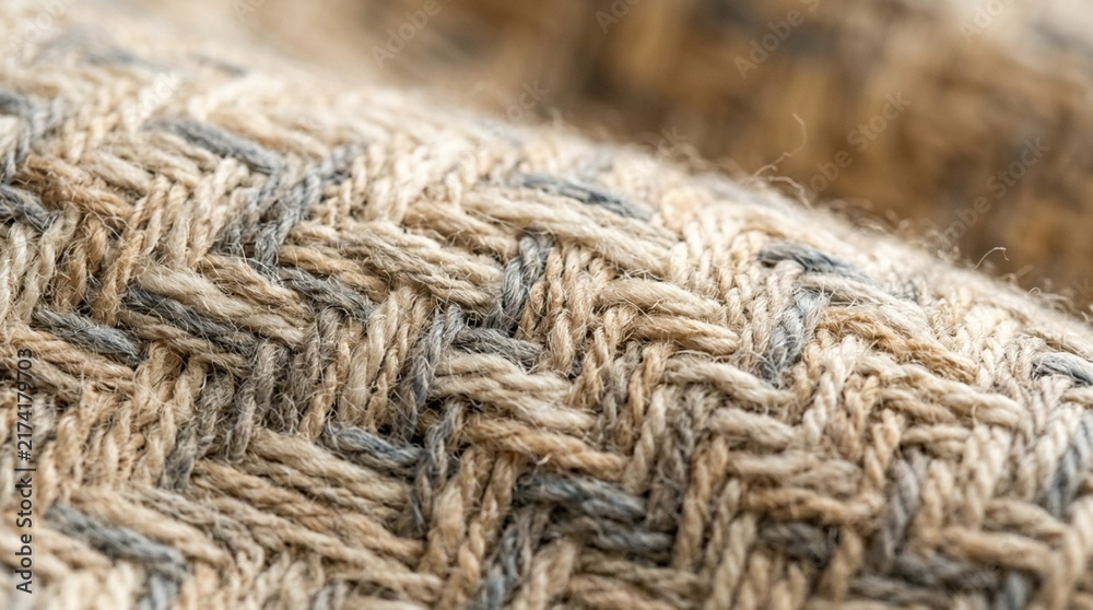 Obraz premium Close-up of textured woven fabric with beige and grey threads