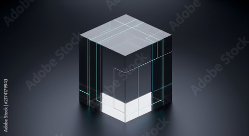 Abstract glowing geometric cube with futuristic tech lines on a dark background.