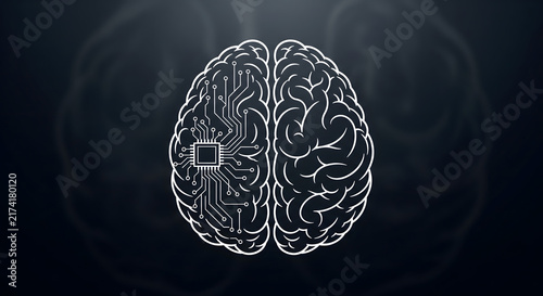 Digital illustration of a human brain integrated with a microchip and circuit board patterns.