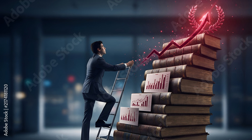 Businessman climbing a staircase made of books towards a glowing upward arrow Generative AI