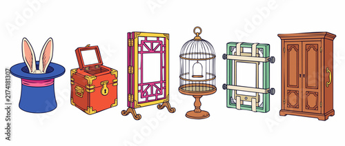 Bild auf Leinwand Magic show props vector set featuring top hat with rabbit ears, illusion box, bi