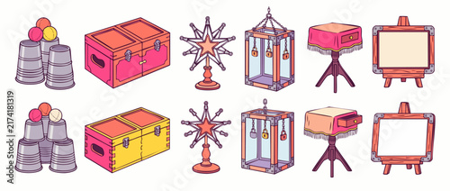 Magic prop vector illustration set featuring magician illusion equipment, cups and balls trick, magic chest, escape cage with padlocks, table, and easel isolated on white background for design.