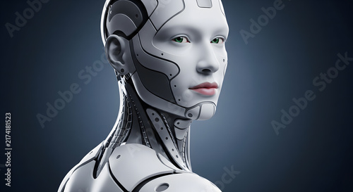 Close up portrait of a humanoid robot looking over its shoulder against a dark background
