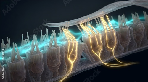 Microscopic 3D illustration of inner ear hair cells transmitting auditory electrical signals
