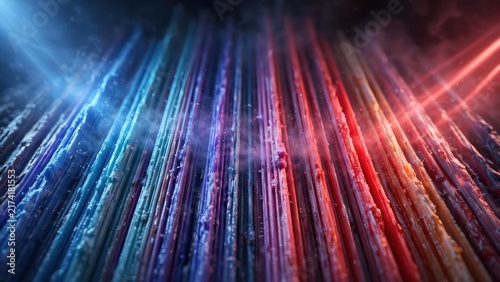 Textured, colorful threads in a light gradient, from deep blue to fiery red, with smoke