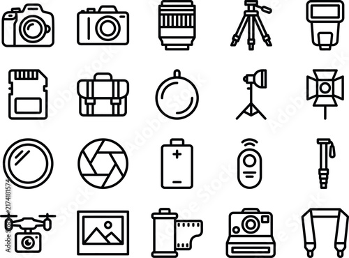 Foto Photography equipment line icons, 20 camera gear vector symbols