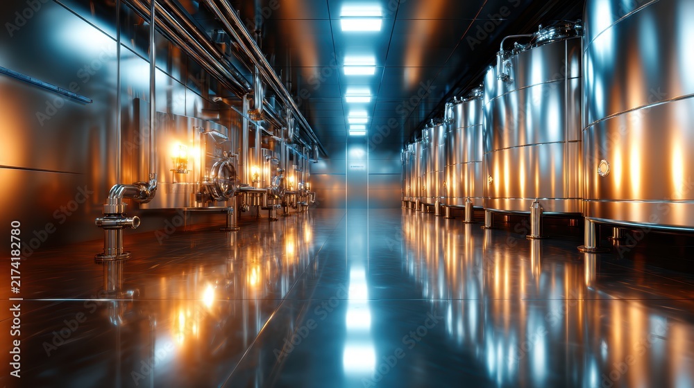 Obraz premium A sleek and modern industrial brewery setting filled with shining steel fermentation tanks, highlighting the craftsmanship and technology behind brewing fine beverages and craft beers.