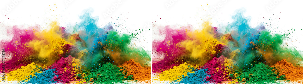 Obraz premium Vibrant holi powder explosion on white background, colorful dust clouds for festival celebration, rainbow pigment splash banner