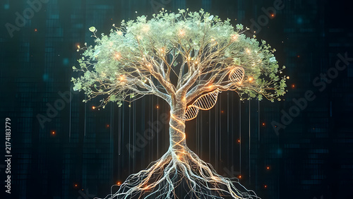Glowing digital tree of life with data roots and glowing leaves in dark cyberspace network environment