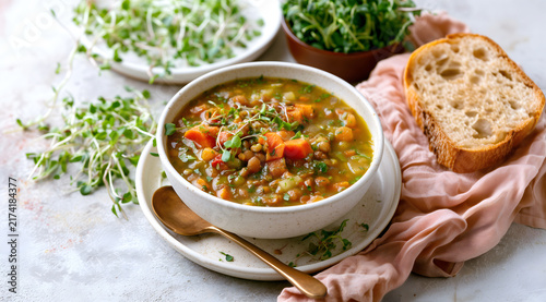 Creative food template. Healthy lentil soup with microgreens carrot potato vegetable, slice of toast sourdough bread on ceramic spoon plating on linen pink cloth and warm background. copy text space