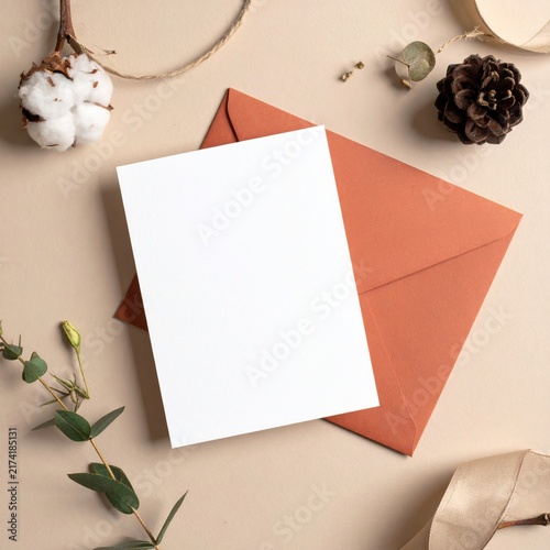 Blank white invitation card on rust colored envelope with eucalyptus leaves and pine cone, wedding stationary mockup