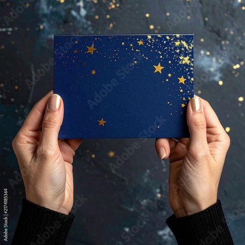 hands holding dark blue card with gold stars and glitter, seasonal greeting, festive holiday invitation