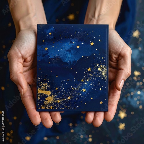 Hands holding a navy blue rectangular card with golden stars and glittery cosmic textures, ideal for celebration greetings, invitations, and festive designs