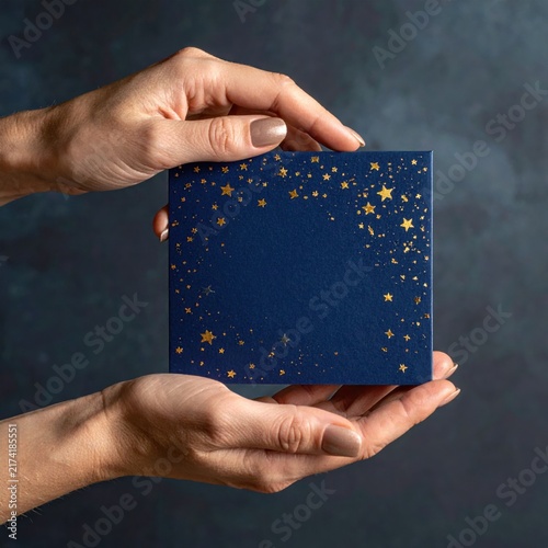 Woman hands holding dark blue square gift box with gold starry night pattern for holiday celebration and surprise