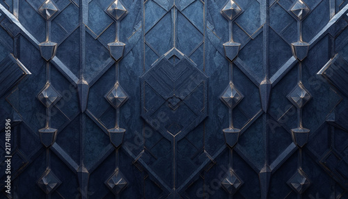Geometric dark blue metallic pattern forms a symmetrical gothic textured structure.