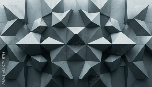 Polygonal grey wall surface features dynamic sharp geometric shapes.