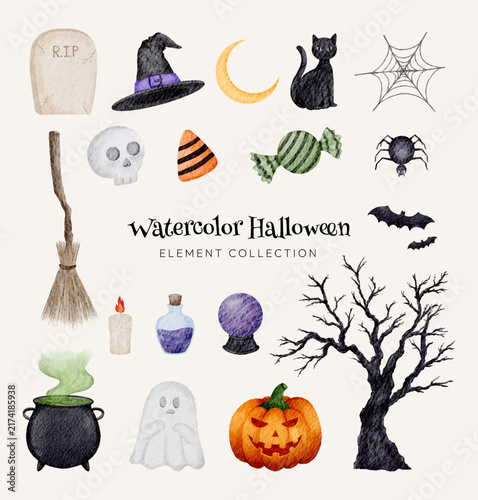 Watercolor Halloween Elements Collection with Witch Hat, Pumpkin, Ghost, Cat and Spooky Decorations