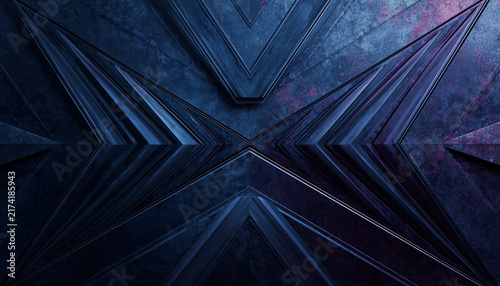 Geometric wall panels forming an X shape display dark blue metallic textures.