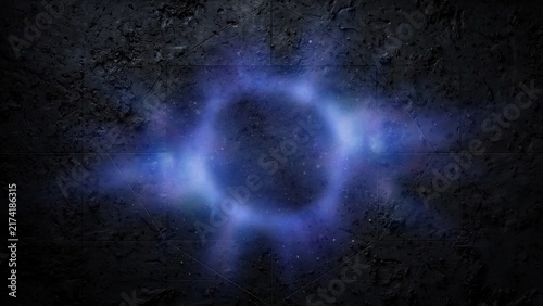 Dark, textured surface with a luminous, ethereal blue portal emitting faint light and energy
