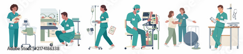 Foto Collection of medical professional characters in green scrubs performing hospital duties like nursing, neonatal care, surgery, and assisting patients