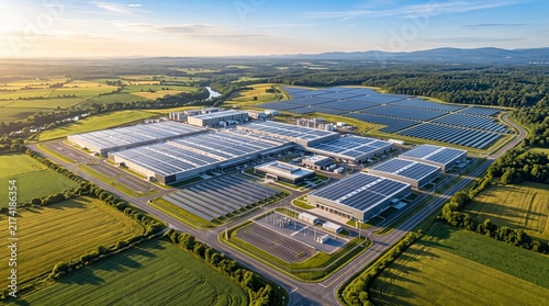 Quadro su tela Aerial view of a large industrial complex with extensive solar panel fields and