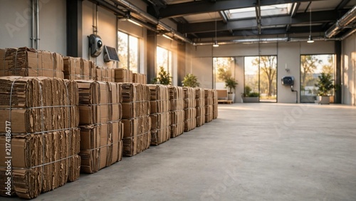 Sunlight streams into a vast warehouse, illuminating stacks of compressed cardboard boxes ready for recycling