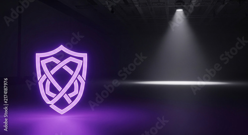 Shield symbol glowing with purple neon light inside dark industrial warehouse with spotlight beam
