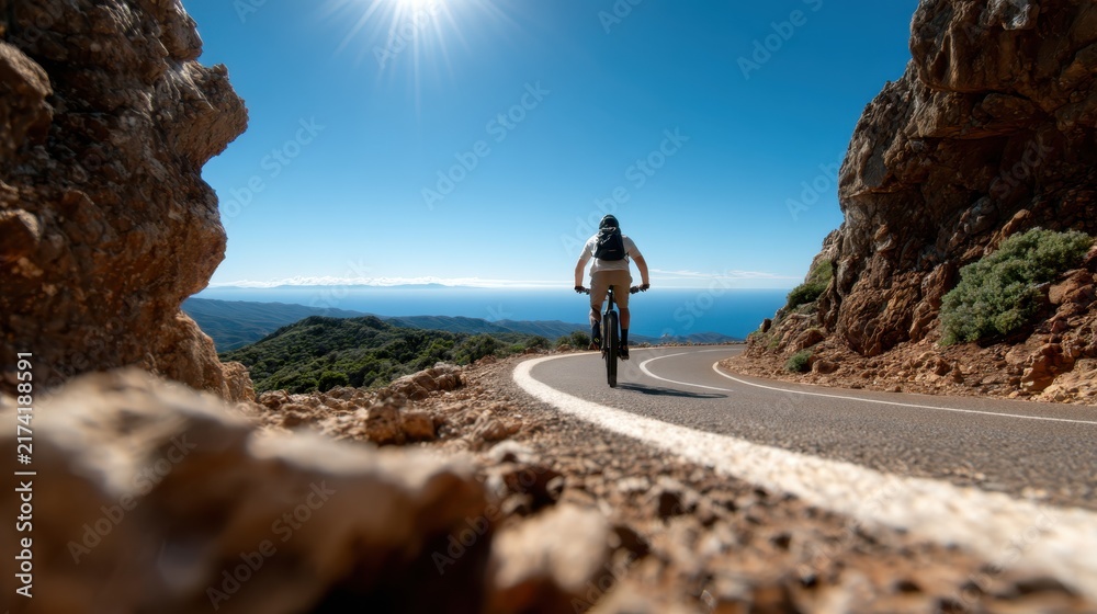 Fototapeta premium A cyclist traverses a winding coastal road, showcasing the stunning landscape and bright sunlight, representing freedom, adventure, and the spirit of exploration.