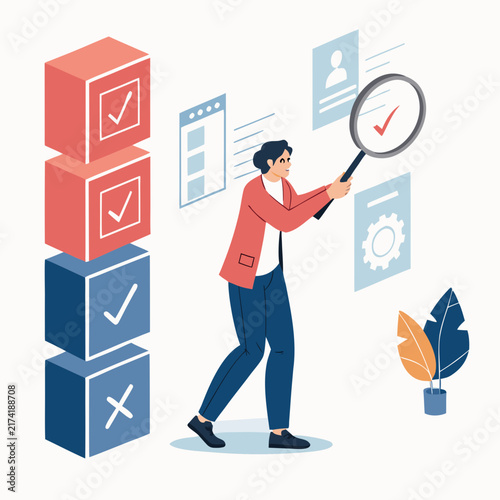 human fact checker verifying ai generated information blocks flat vector illustration